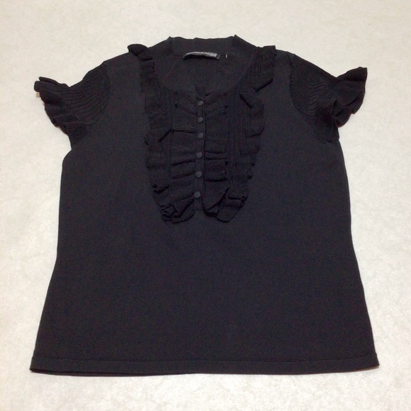 Michelle Nicole Black Short Sleeve Ruffled Shirt, Size Petite Medium - Picture 1 of 9